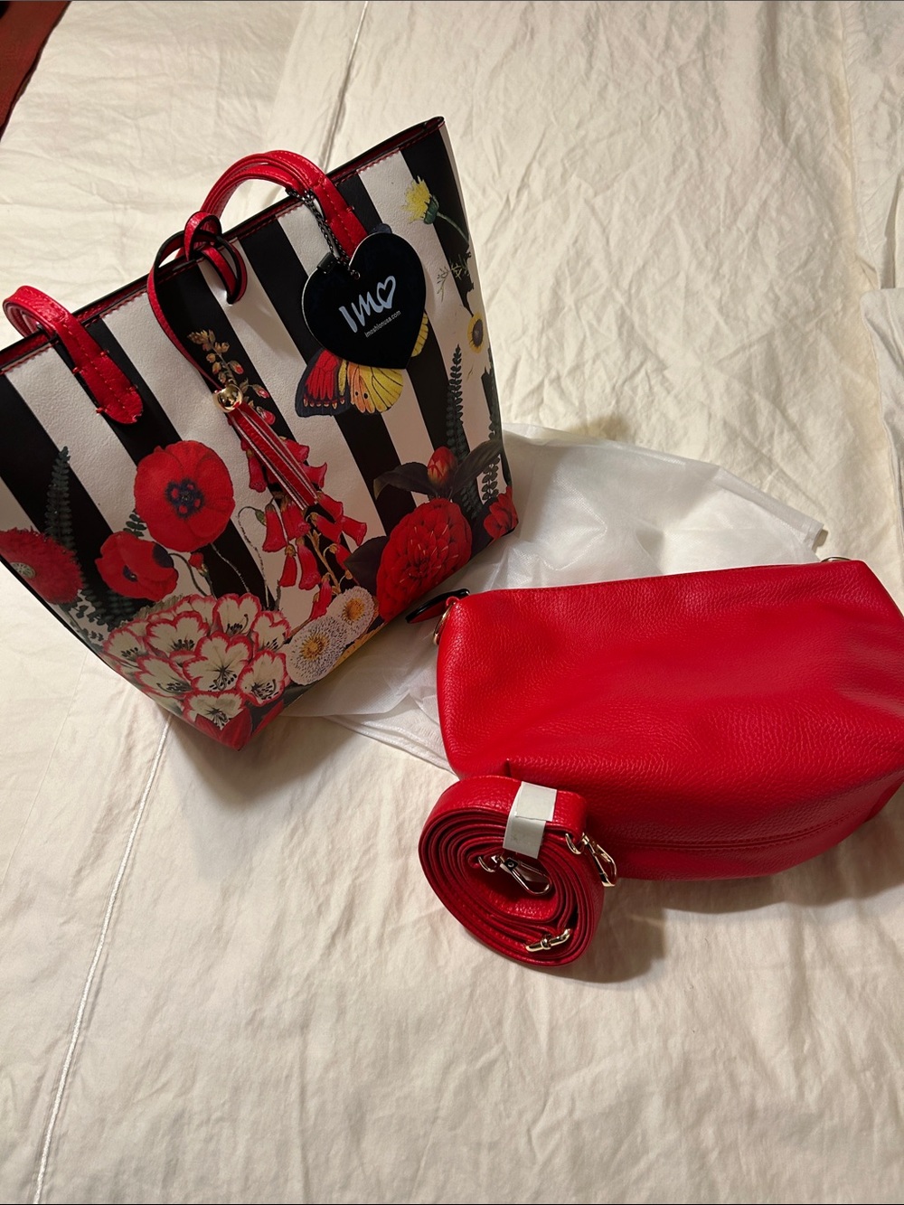 Maxx New York 2-in-1 Floral Stripe Tote & Red Crossbody Bag Set